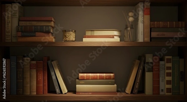 Fototapeta A cozy wooden bookshelf is filled with an assortment of old books, a small jar, and a decorative vase, creating an intellectual atmosphere under soft light.