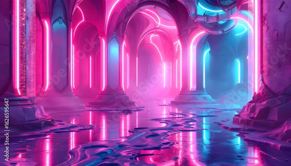 Obraz Immersive neon-lit futuristic arcade hall with glowing pink and blue lights and reflective floors