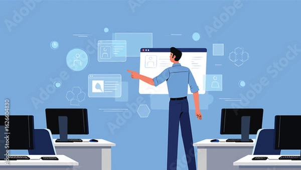Fototapeta Male instructor presenting on a futuristic digital interface in a computer classroom vector