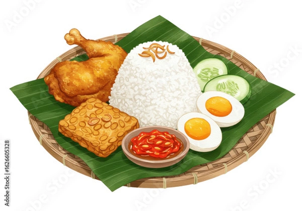 Obraz Traditional Indonesian rice meal with fried chicken tempeh egg and sambal on a banana leaf.