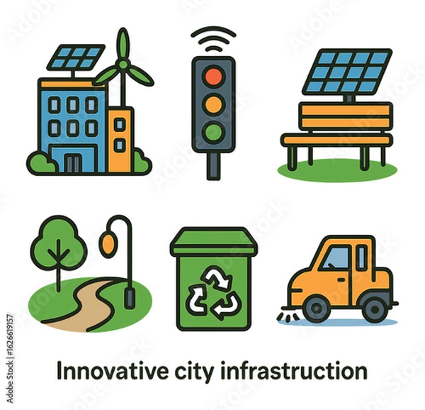 Fototapeta Innovative City Infrastructure. Flat vector mini-illustrations Innovative city infrastructure in colors