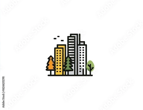 Obraz Simple, stylized cityscape with trees.  Urban scene with tall buildings and small trees.  Outline graphic of a city and nature