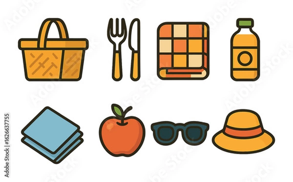 Fototapeta Picnic Essentials Grid. Flat vector mini-illustrations park picnic essentials in colors children's