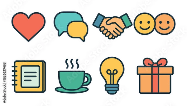 Fototapeta Colorful Empathy Symbols. Flat vector mini-illustrations empathy and understanding in colors children's