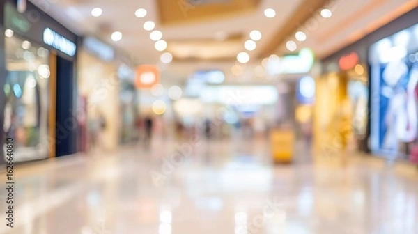 Fototapeta Defocused modern shopping mall interior with bright lights, glossy floor, and blurred storefronts creating an abstract urban retail environment perspective
