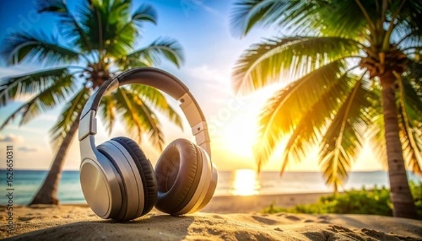 Fototapeta Headphones resting on a serene tropical beach with palm trees at sunset, perfect for a relaxing vacation playlist
