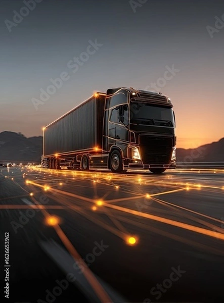 Fototapeta A dark, modern semi-truck on a highway at twilight,  with glowing network lines