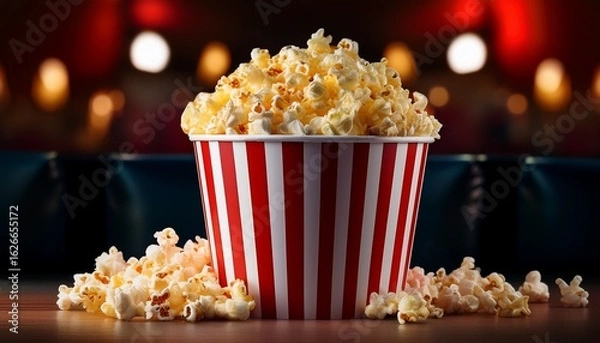 Fototapeta butter popcorn in a classic red and white striped container at a movie theater