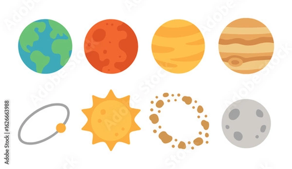 Fototapeta Colorful Solar System Icons. Flat vector mini-illustrations Solar system overview in colors children's