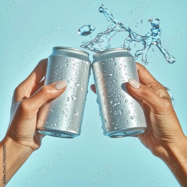 Fototapeta Two hands clinking silver beverage cans, creating a splash of water droplets in mid air
