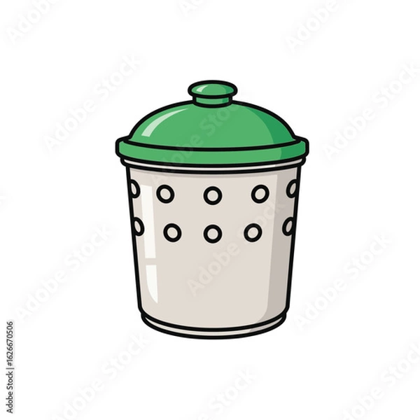 Fototapeta Cartoon illustration of a light gray storage container with a green lid and polka dots.