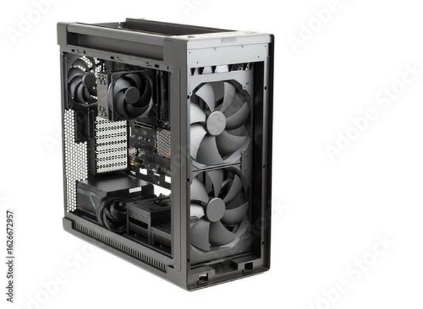 Fototapeta Side view  big tower, PC case, chassis,  inside motherboard, CPU, fan, SSD, memory, power supply unit with cables, isolated on white