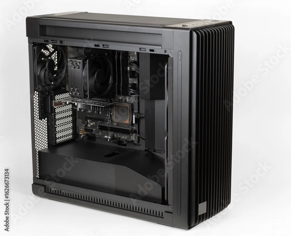 Fototapeta Side view  big tower, PC case, chassis,  inside motherboard, CPU, fan, SSD, memory, graphics card, power supply unit with cables