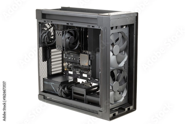 Fototapeta Side view  big tower, PC case, chassis,  inside motherboard, CPU, fan, SSD, memory, power supply unit with cables, isolated on white