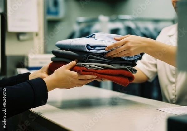 Obraz Customer picking up clean laundry from a dry cleaner
