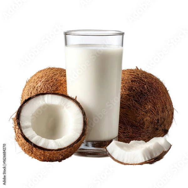 Fototapeta Coconut milk and coconuts on transparent background