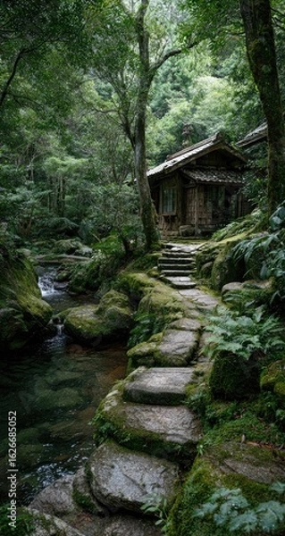 Obraz Lush forest path leading to a wooden cabin beside a stream