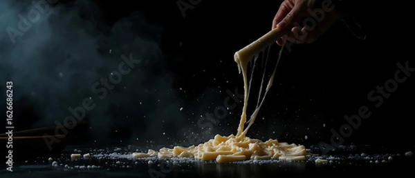 Obraz A hand pulls freshly made pasta, allowing it to stretch and reveal its texture over a dark surface, surrounded by scattered flour. Banner with free space