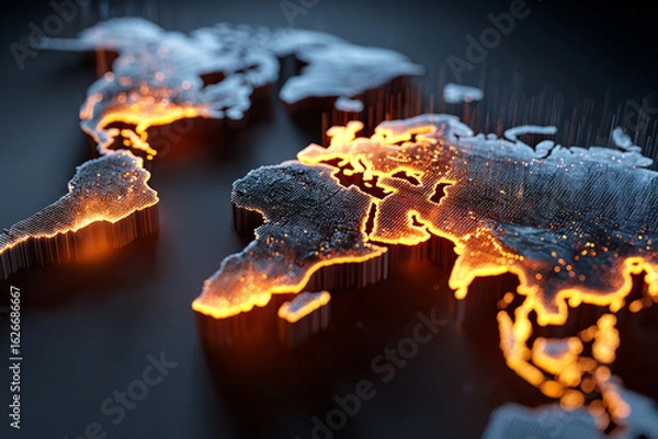 Fototapeta Digital world map with glowing orange highlights showing market sophistication and global connectivity in futuristic style