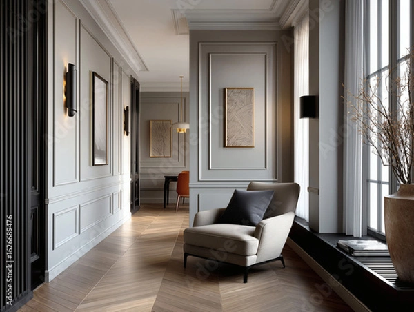 Fototapeta Aesthetic beautiful elegant  modern luxury interior design. Clear mock up empty wall for decoration in the apartment, painting frame. Copy space in the room.