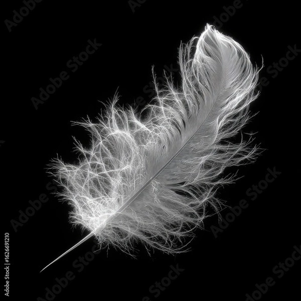 Fototapeta A single, light gray feather against a black background.  The feather's barbs are fluffy and spread out, showcasing delicate detail