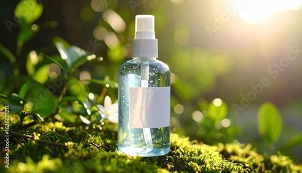 Fototapeta Hand sanitizer bottle on moss in nature with sunlight.