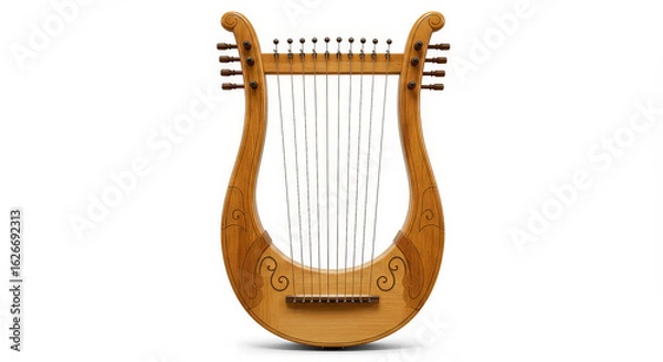 Fototapeta Detailed wooden lyre instrument isolated on white background