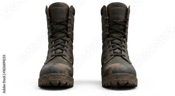 Fototapeta Pair of rugged brown work boots isolated on white background