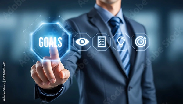 Fototapeta Businessman touching digital interface with goals and icons image