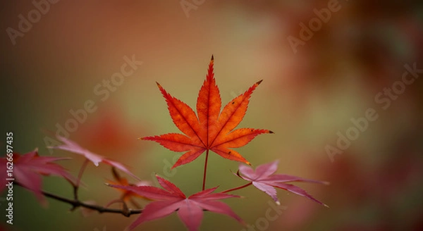 Fototapeta Orange maple leaf in soft blurred autumn background