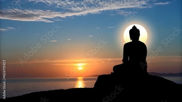 Fototapeta Silhouette of buddha meditating against a vibrant sunset over the ocean