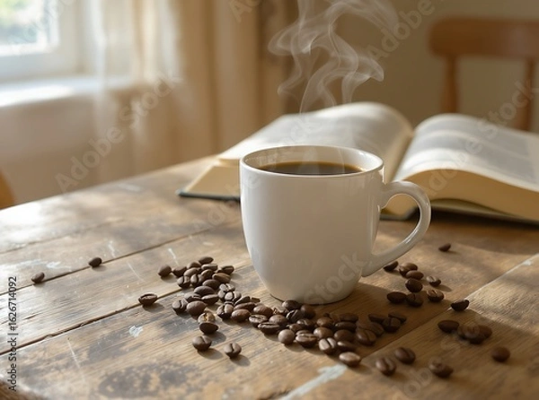 Fototapeta Warm coffee and open book on a wooden table