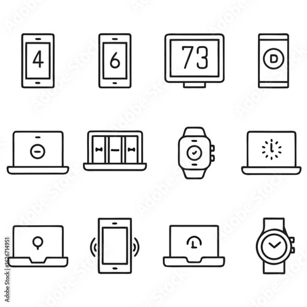 Obraz Outline style icon set representing various modern electronic devices like smartphones laptops smartwatches and monitors for contemporary lifestyle