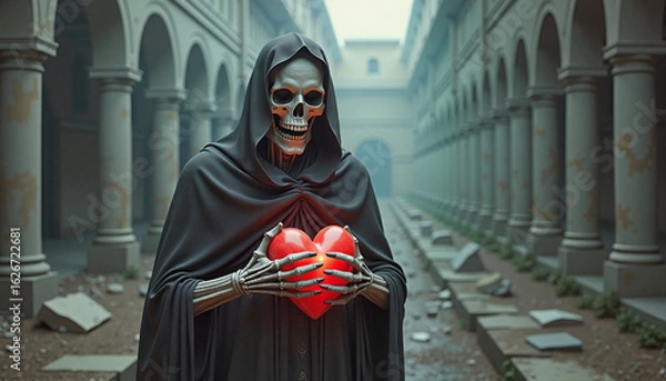 Fototapeta Skeletal grim reaper glowing red heart dark ruined corridor