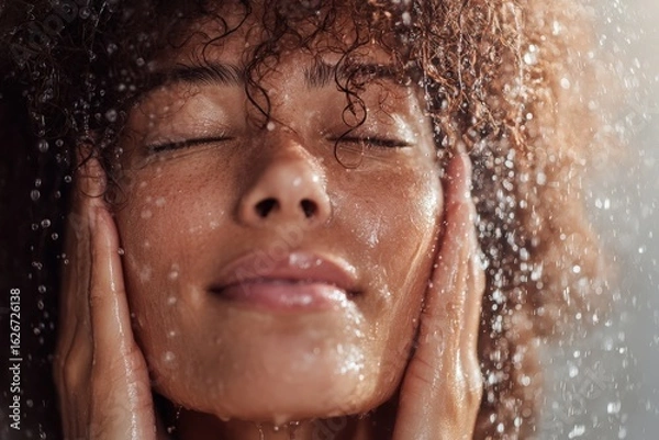 Obraz Woman Rinsing Face with Water After Using African Soap, Fresh and Clean Look