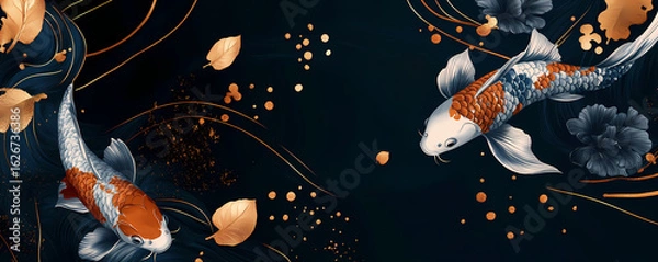 Obraz Elegant Japanese Koi Fish Swimming Amidst Delicate Blossoms and Golden Swirls on a Dark Background, Artistic Illustration