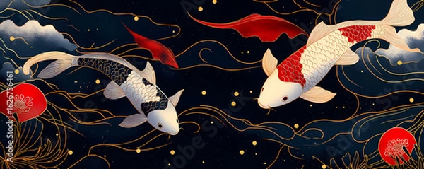 Obraz Serene Koi Fish Swimming in a Stylized Dark Water with Floral Elements