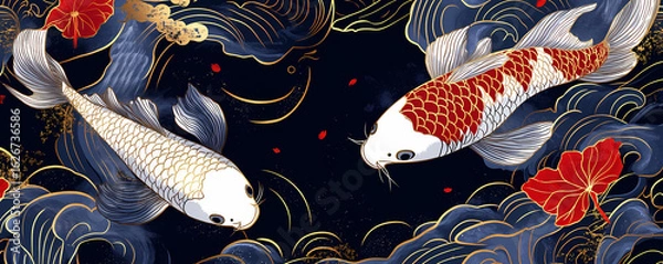 Obraz Vibrant Koi Fish Swimming Gracefully Through Stylized Wavy Blue Clouds with Red Floral Accents