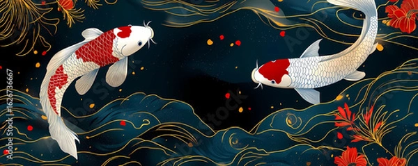 Obraz Artistic illustration of two red and white Japanese koi carp swimming in a dark, stylized pond with elegant gold and red details