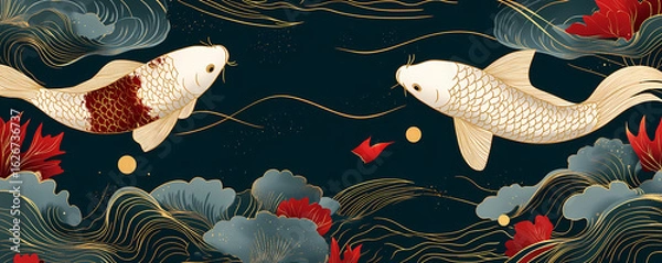 Obraz Elegant Koi Fish Pond Illustration with Lotus Flowers and Water