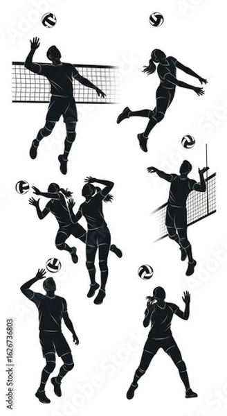 Fototapeta Silhouettes of male and female volleyball players in dynamic action poses, including spiking, serving, and blocking, with balls and nets.