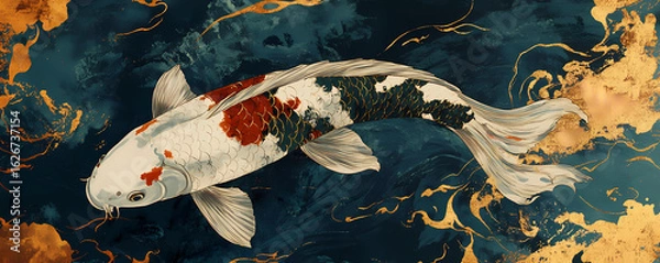 Obraz Majestic Koi Fish Illustration with Elegant Gold Accents in Deep Teal