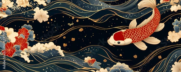 Obraz Graceful illustration of a vibrant red koi fish amidst elegant golden waves and blossoming traditional Asian flowers, symbolizing prosperity, good fortune, and perseverance