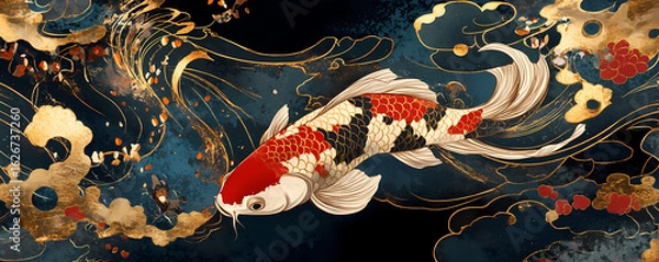 Obraz Elegant koi fish illustration. A vibrant carp swims amidst shimmering golden clouds and flowing blue currents, showcasing traditional Asian art style, peace, and prosperity