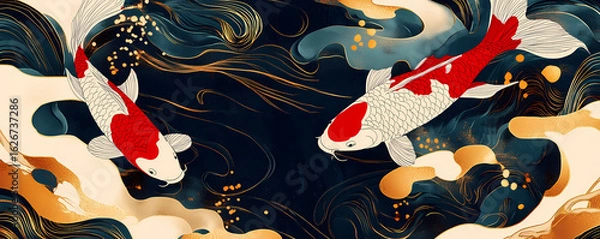 Obraz Elegant Koi Fish Swimming in Serene Water, Decorative Japanese Illustration