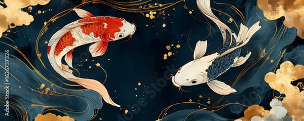 Obraz Elegant Asian-Inspired Artwork Featuring Two Harmonious Koi Fish in Shimmering Dark Blue Water with Golden Clouds and Sparkling Accents, Symbolizing Prosperity