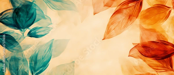 Obraz Dynamic abstract background featuring translucent, flowing leaf patterns in warm orange and cool teal hues, evoking a serene natural harmony and seasonal transition