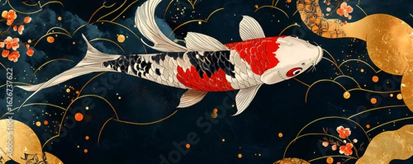 Obraz Elegant Japanese Koi carp swimming in stylized water with golden waves and floral blossoms, a traditional artistic banner design