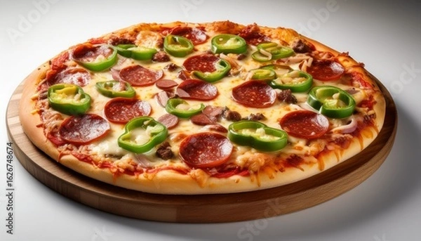 Fototapeta deliciously baked supreme pizza topped with sausage pepperoni mushrooms green peppers and onions all on a golden cheese covered crust