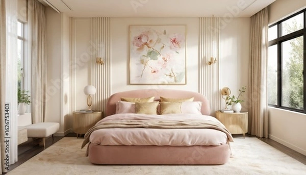 Fototapeta Elegant Scandinavian 50s Hollywood bedroom retreat features plush rounded velvet bed with silky pink bedding, gold pillows. Soft beige walls complement floral abstract artwork, textured wool rug,
